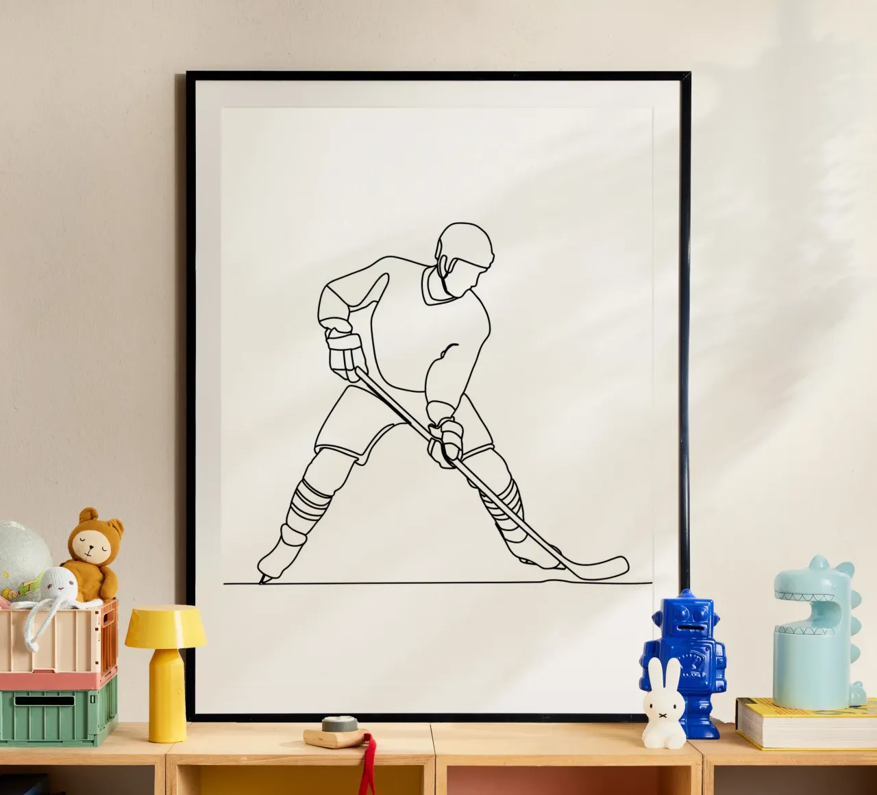 Hockey su ghiaccio - Line art minimalista poster con telaio in legno da Viv Line Art