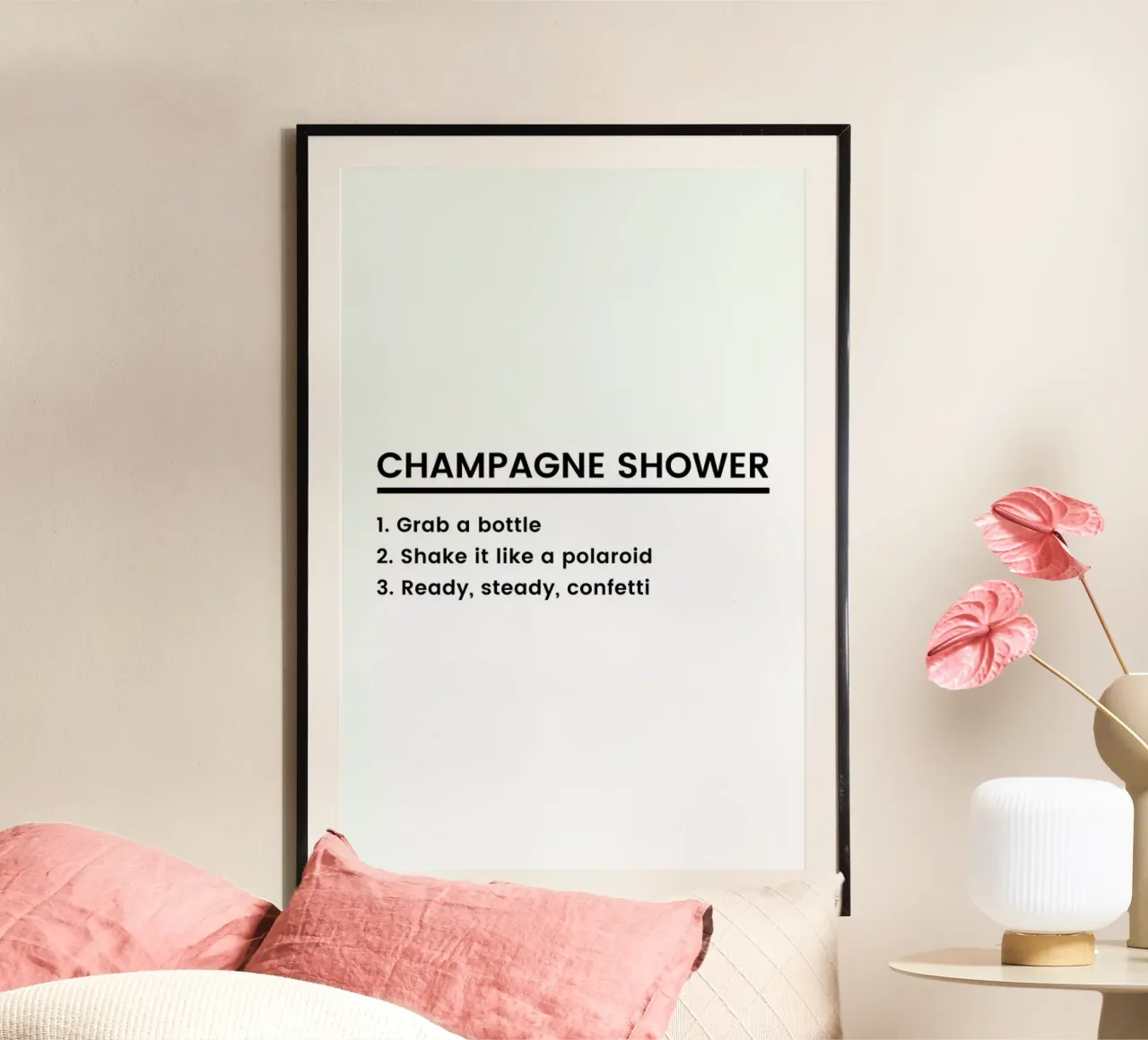 Champagne Shower Recipe poster con telaio in alluminio da Studio One