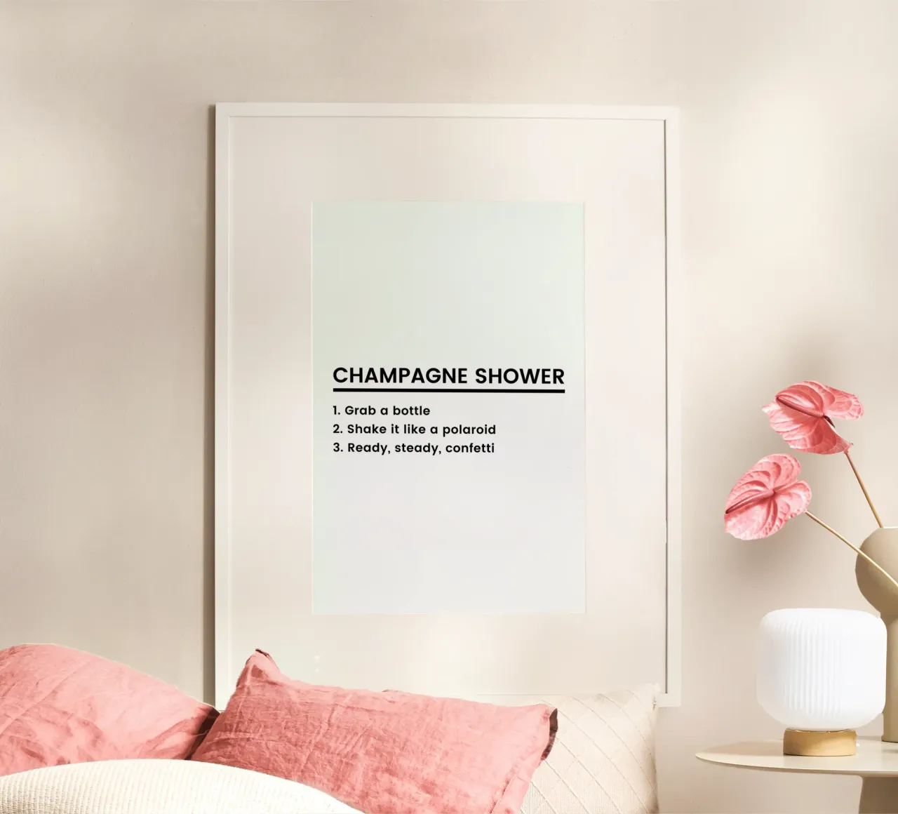 Champagne Shower Recipe poster con telaio in alluminio da Studio One