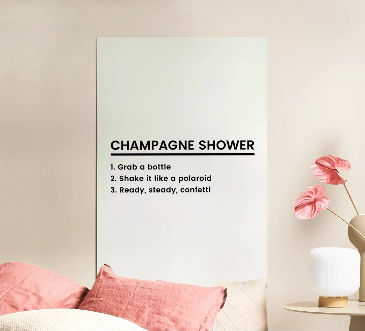 Champagne Shower Recipe poster con telaio in alluminio da Studio One