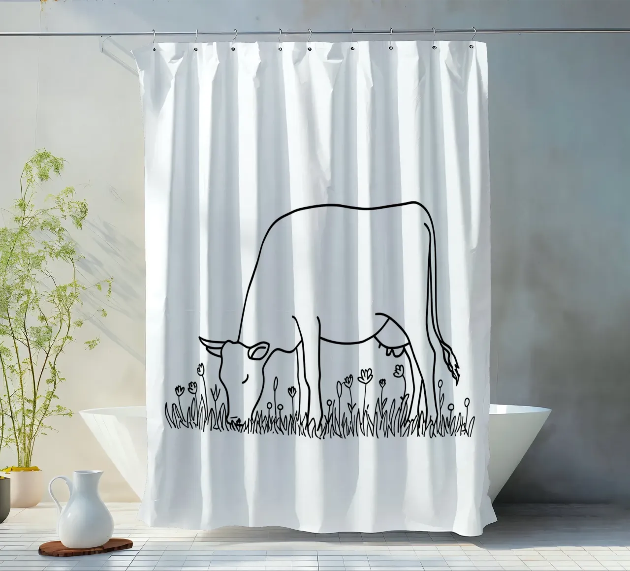 Cow Grazing - Minimalist Line Art shower curtain by Viv Line Art