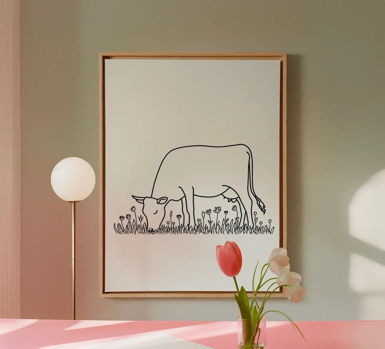 Vache en train de brouter - Dessin au trait minimaliste toile avec Caisse américaine de Viv Line Art
