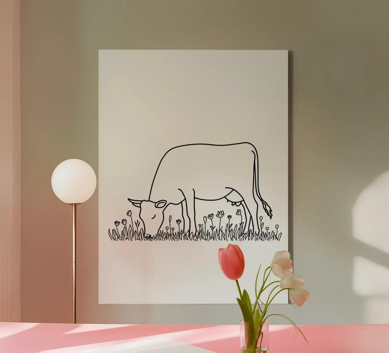 Vache en train de brouter - Dessin au trait minimaliste toile avec Caisse américaine de Viv Line Art