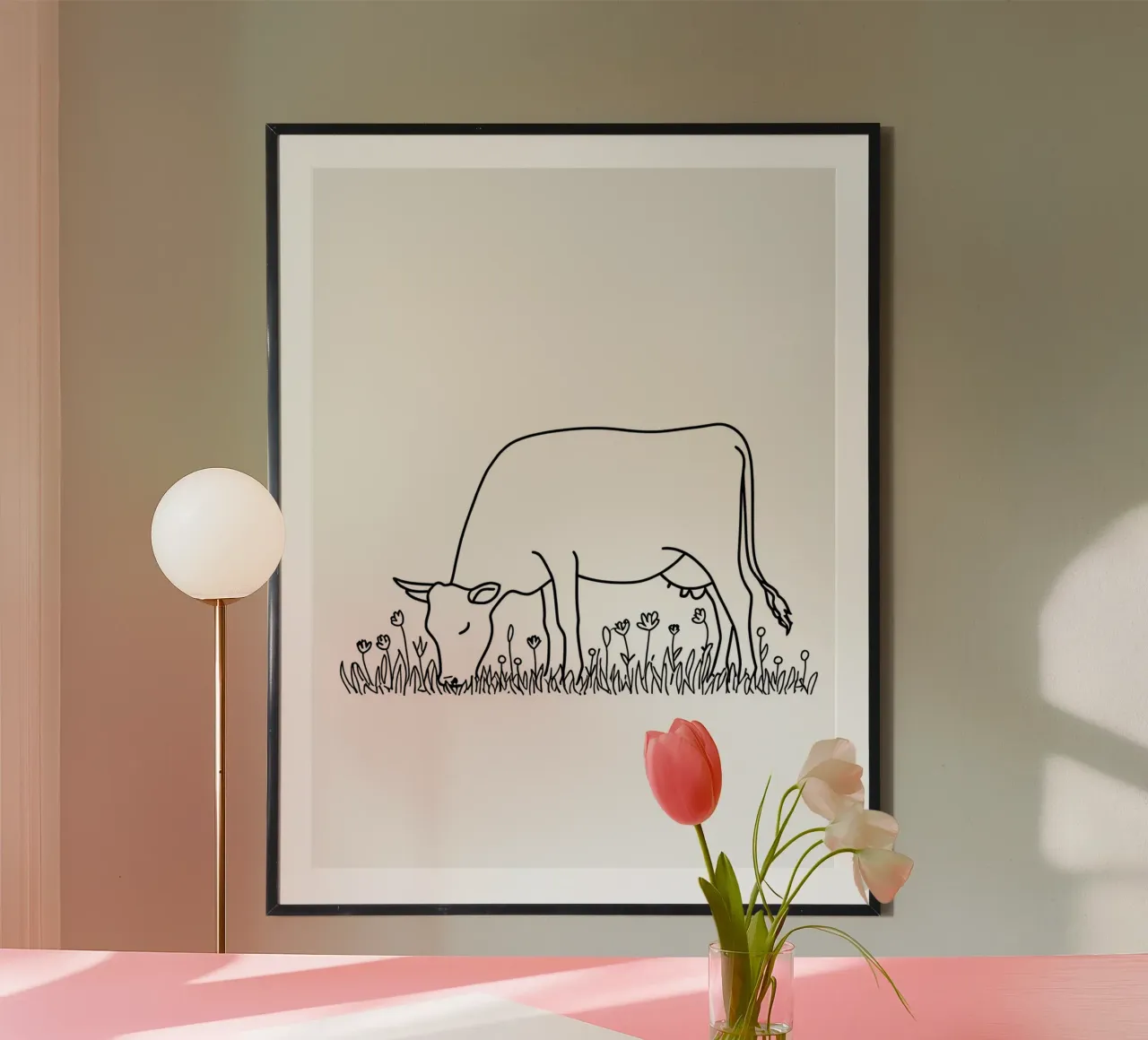 Vache en train de brouter - Dessin au trait minimaliste hahnemühle de Viv Line Art
