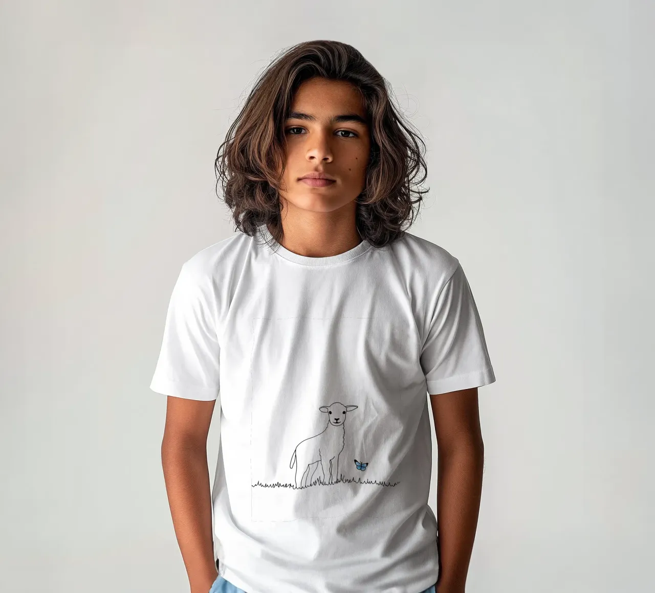 Lamb With Butterfly - Minimalist Line Art kids t-shirt by Viv Line Art