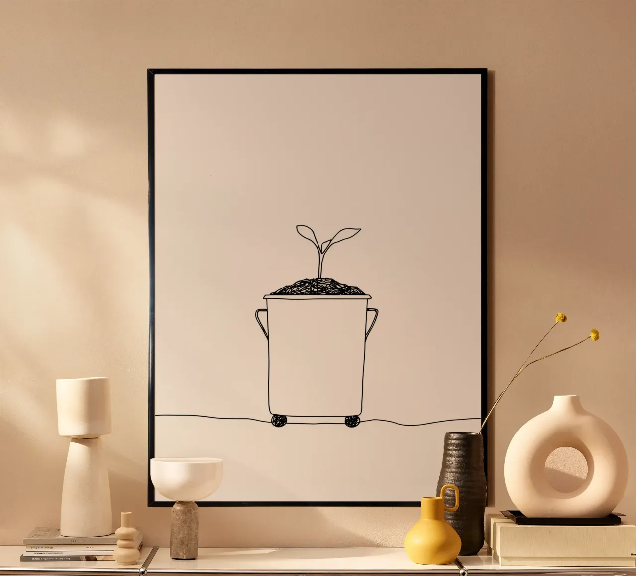 Save Earth - Line Art minimalista per la sensibilizzazione ambientale poster con telaio in legno da Viv Line Art