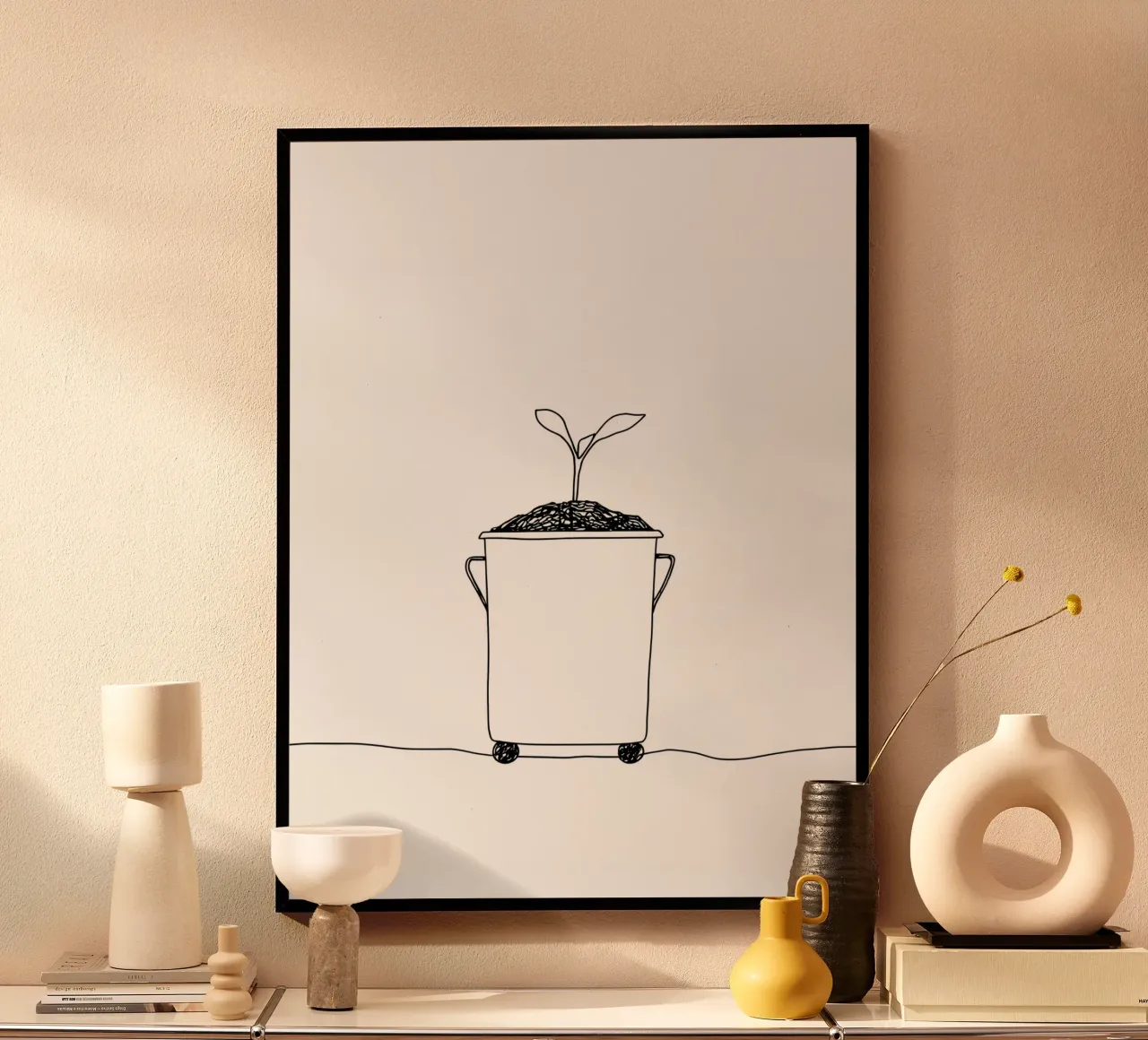 Save Earth - Line Art minimalista per la sensibilizzazione ambientale poster con telaio in legno da Viv Line Art