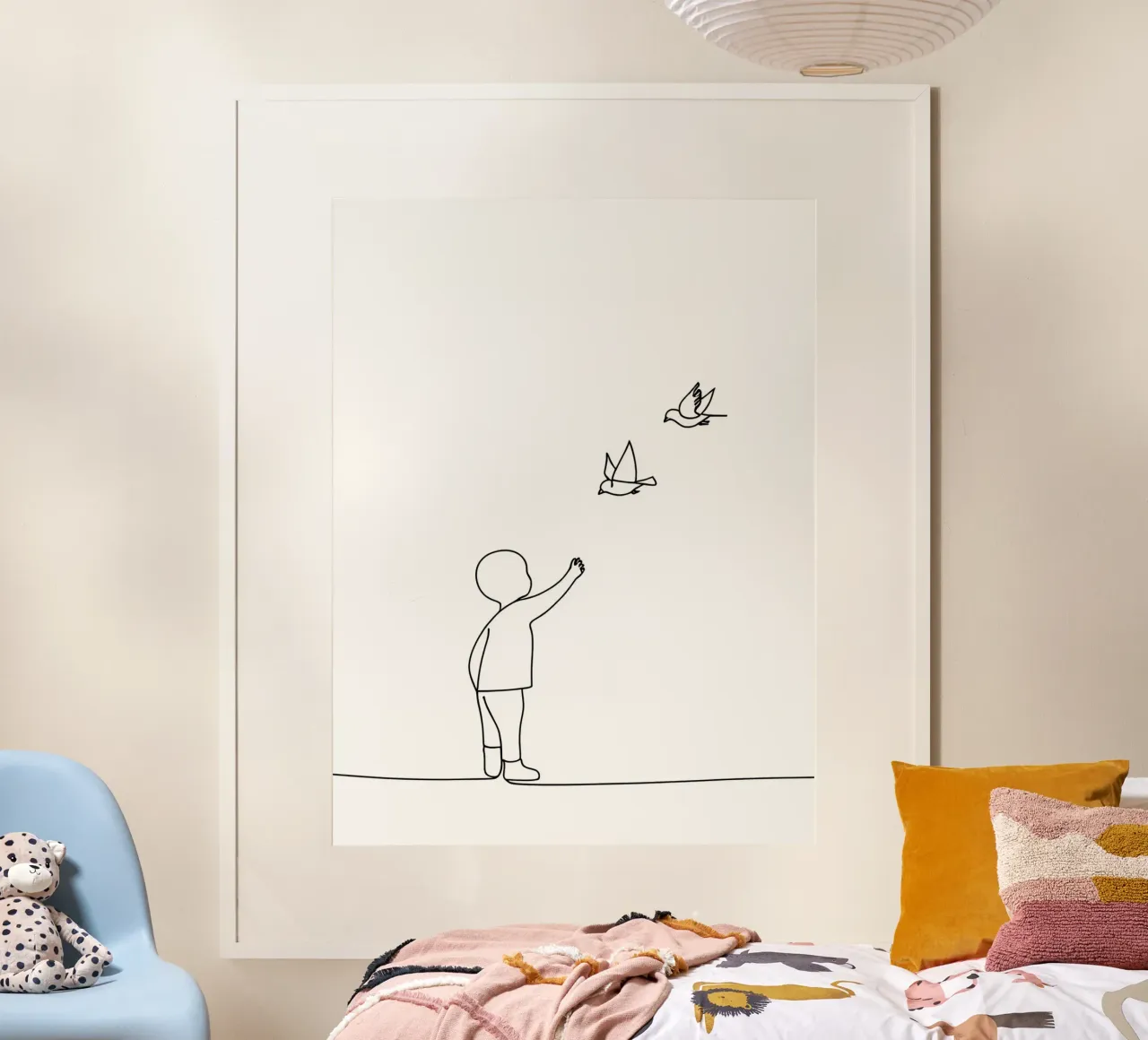 Bambino con uccelli - Disegno lineare minimalista poster con telaio in legno da Viv Line Art