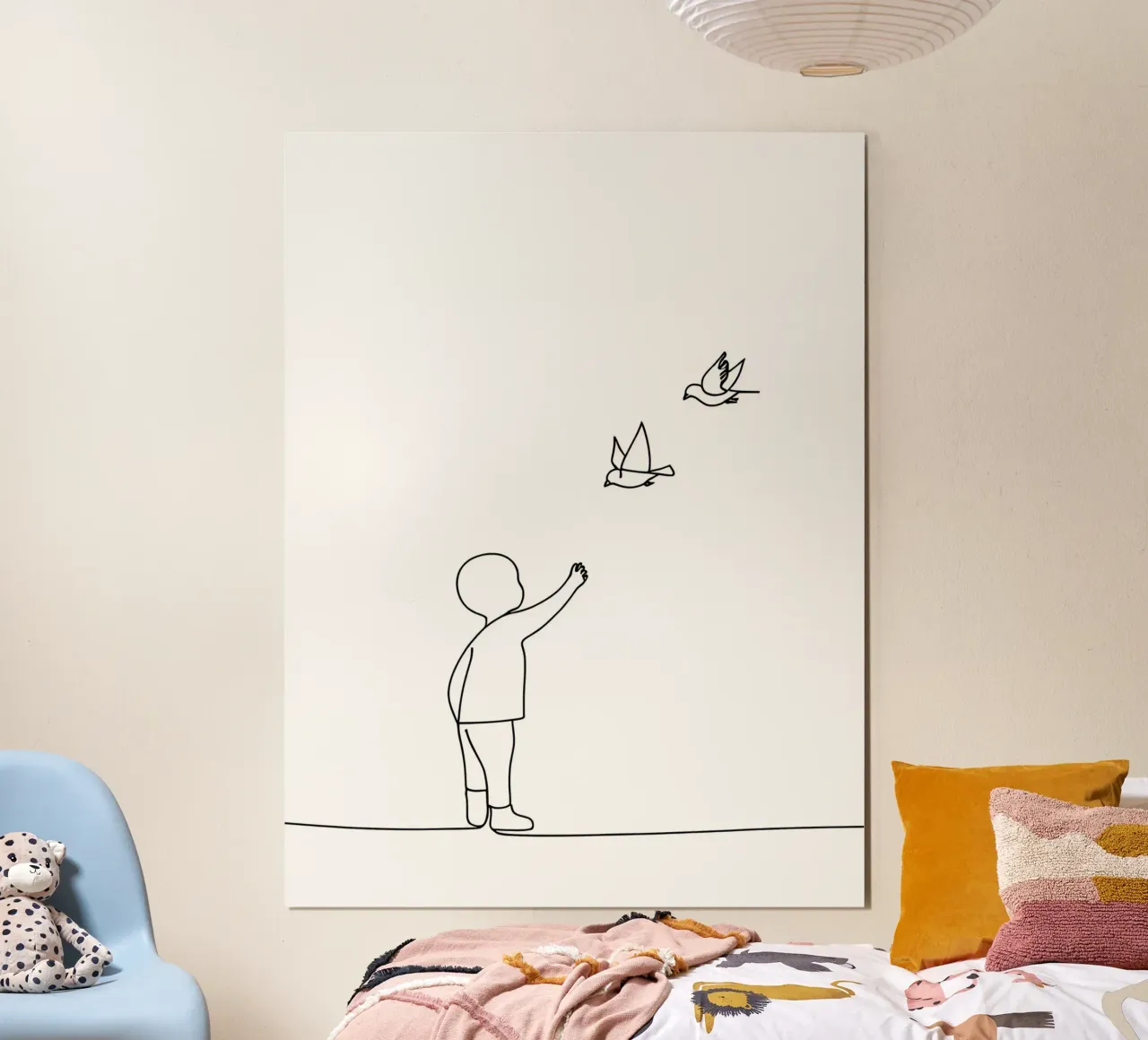 Bambino con uccelli - Disegno lineare minimalista poster con telaio in legno da Viv Line Art