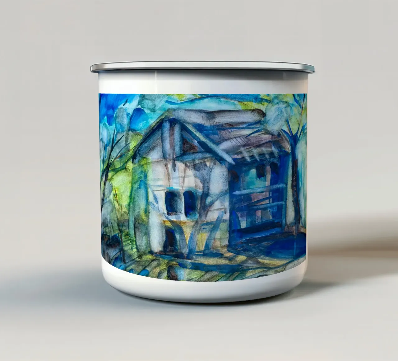Timeless Solitude of a Blue House tazza in smalto da Stoian Hitrov