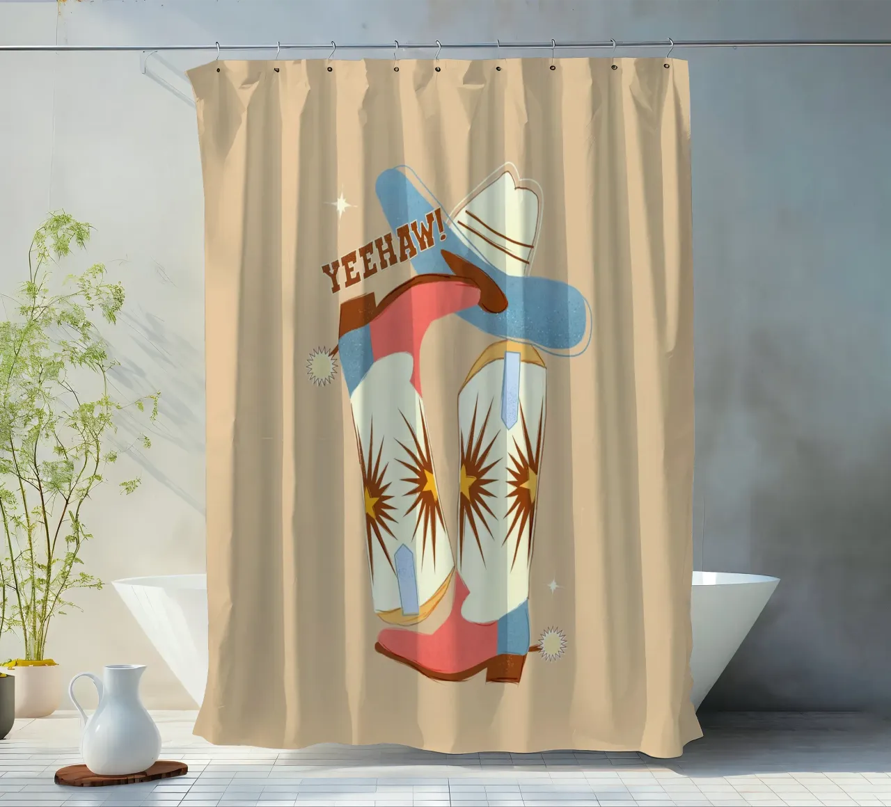 Retro "Yeehaw!" Cowboy Boots Art Print tenda da doccia da showmemars