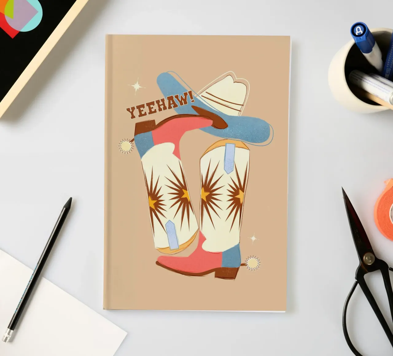 Retro "Yeehaw!" Cowboy Boots Art Print notebook by showmemars