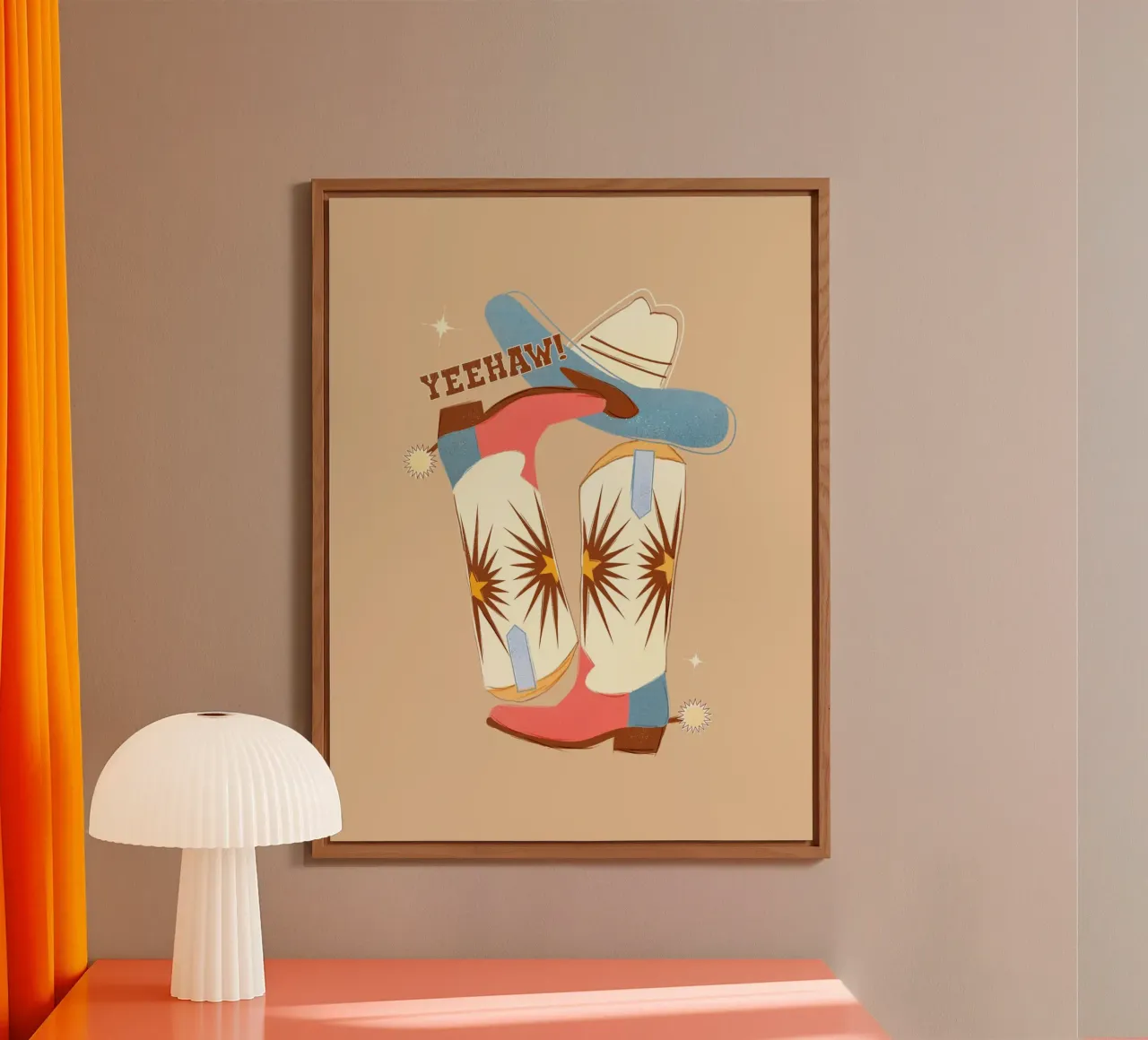 Retro "Yeehaw!" Cowboy Boots Art Print alluminio dibond da showmemars