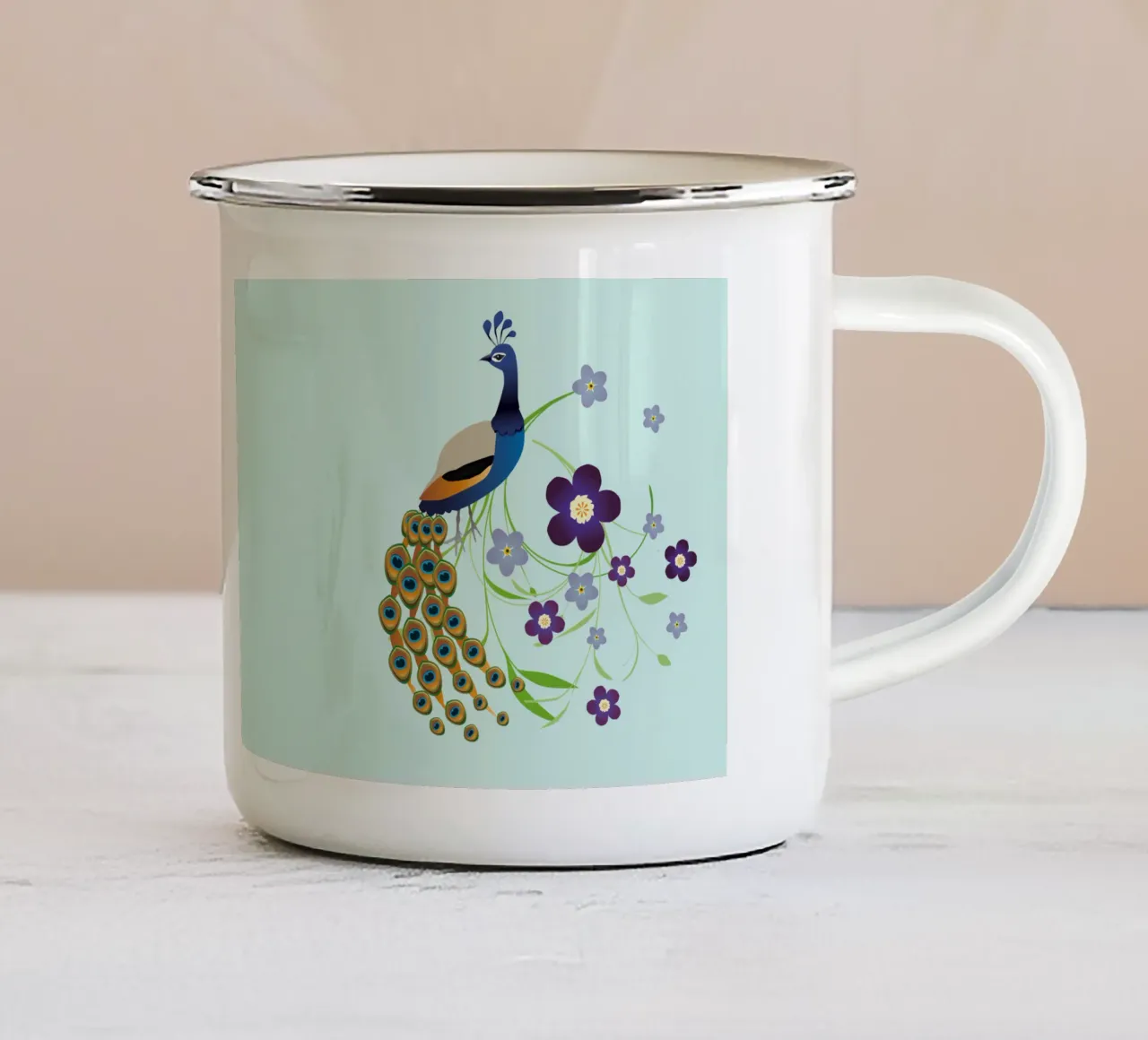 Peacock with flowers enamel mug by BwiseLizzy