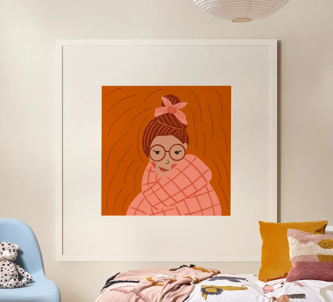 Frau mit Schal Winter Gemütlichkeit Hygge Boho Trend Poster mit Holzrahmen von incomeforcreatives