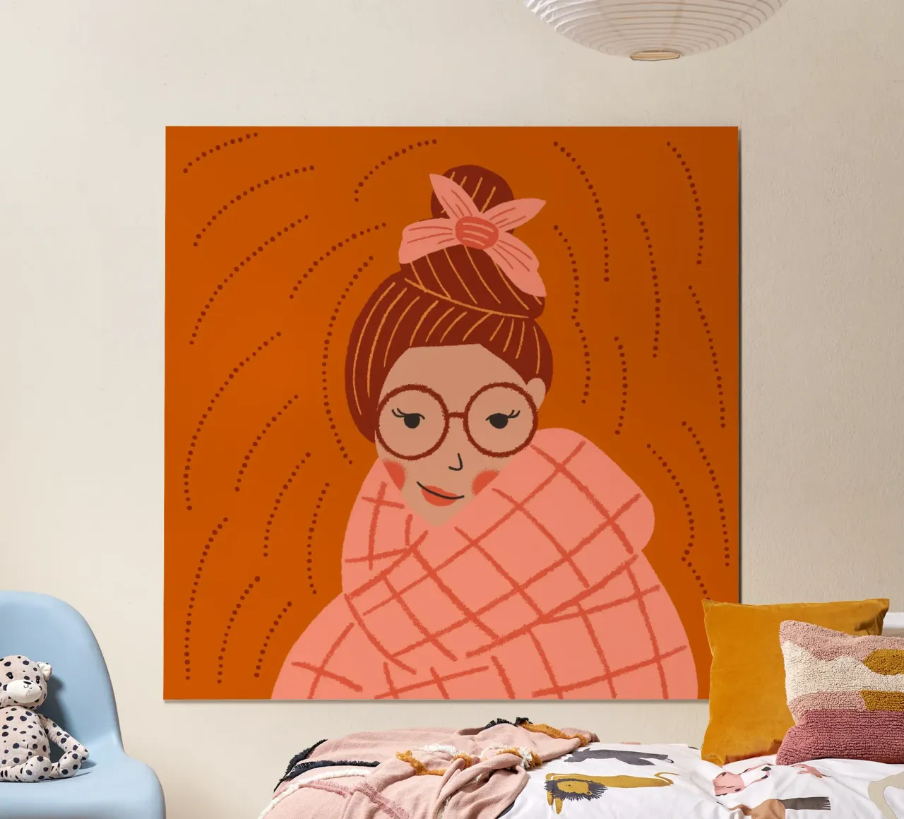 Frau mit Schal Winter Gemütlichkeit Hygge Boho Trend Poster mit Holzrahmen von incomeforcreatives