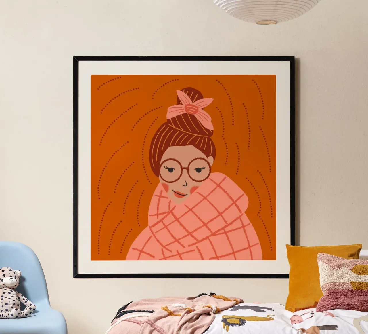 Frau mit Schal Winter Gemütlichkeit Hygge Boho Trend Poster mit Holzrahmen von incomeforcreatives