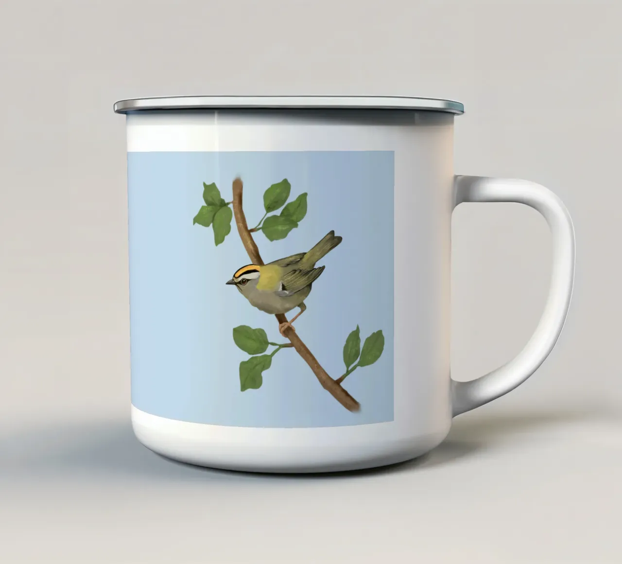 Disegno digitale di firecrest comune tazza in smalto da BwiseLizzy