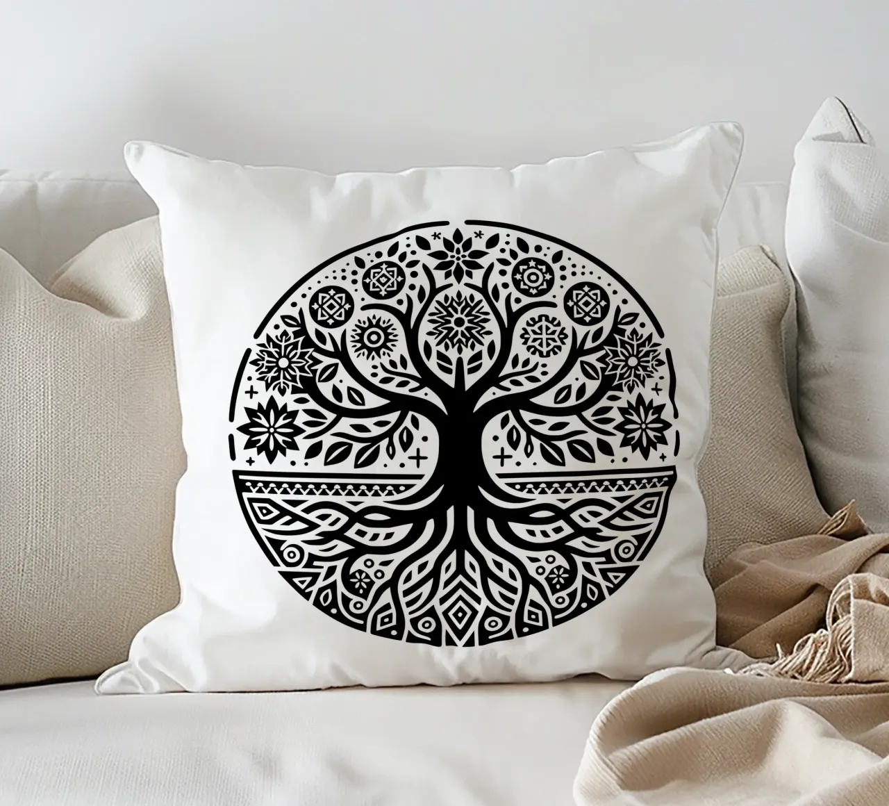 Albero della vita in bianco e nero cuscino da Spiritual Touch