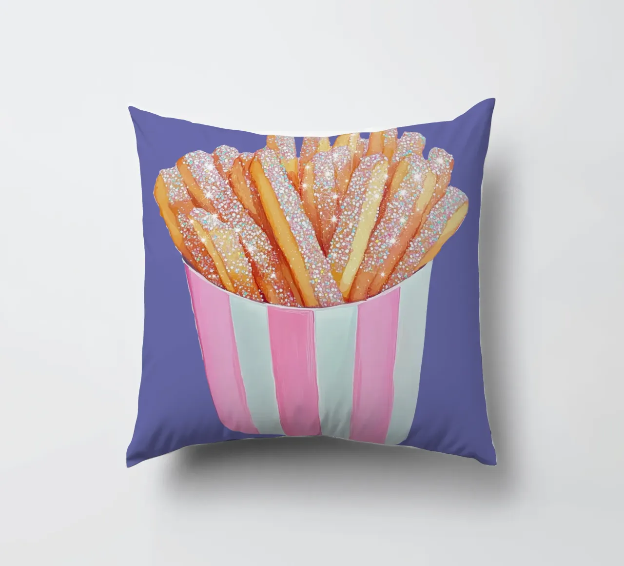 Patatine fritte scintillanti in tazza a righe rosa cuscino da Melloi Art Print