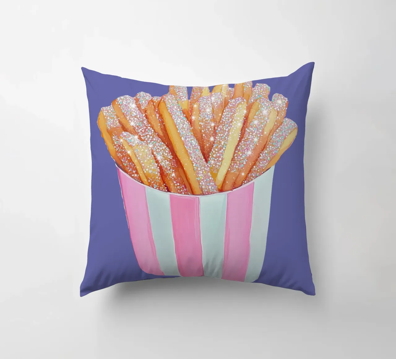 Patatine fritte scintillanti in tazza a righe rosa cuscino da Melloi Art Print