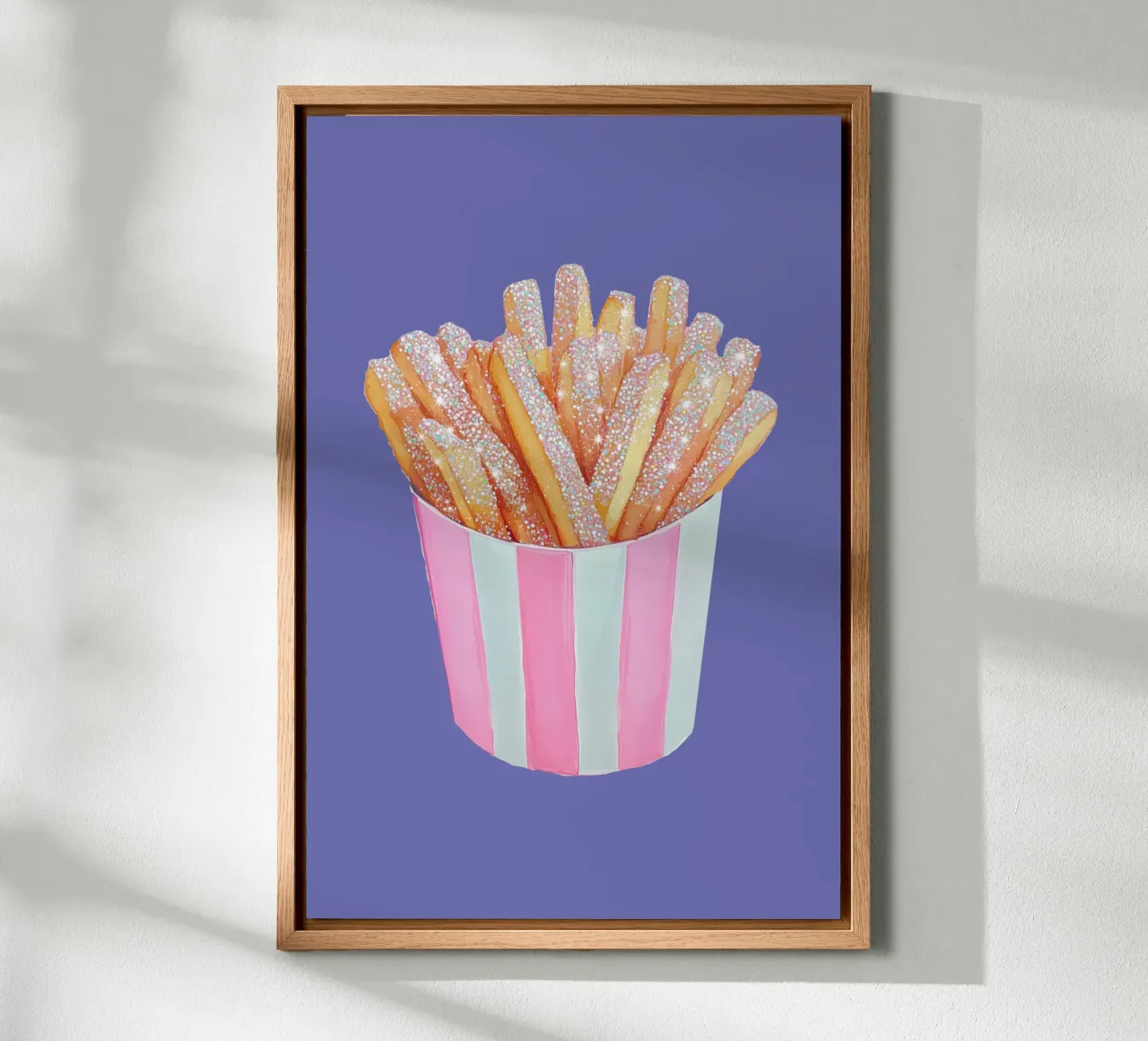 Patatine fritte scintillanti in tazza a righe rosa alluminio dibond da Melloi Art Print