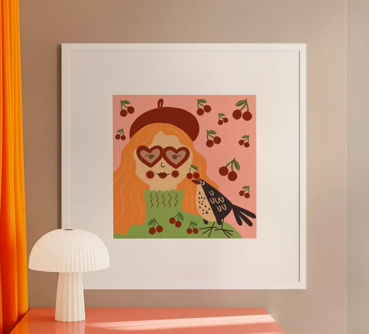 Frau mit Kirschen Herzsonnenbrille Vogel bunte Illustration poster with aluminum frame by incomeforcreatives