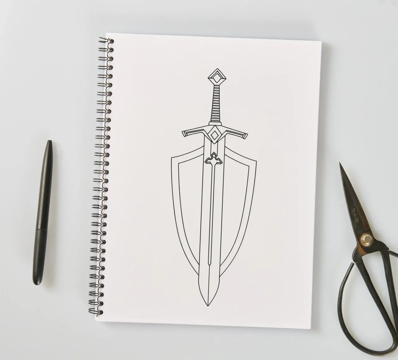 Sword And Shield - Minimalist Line Art spiral notebook by Viv Line Art