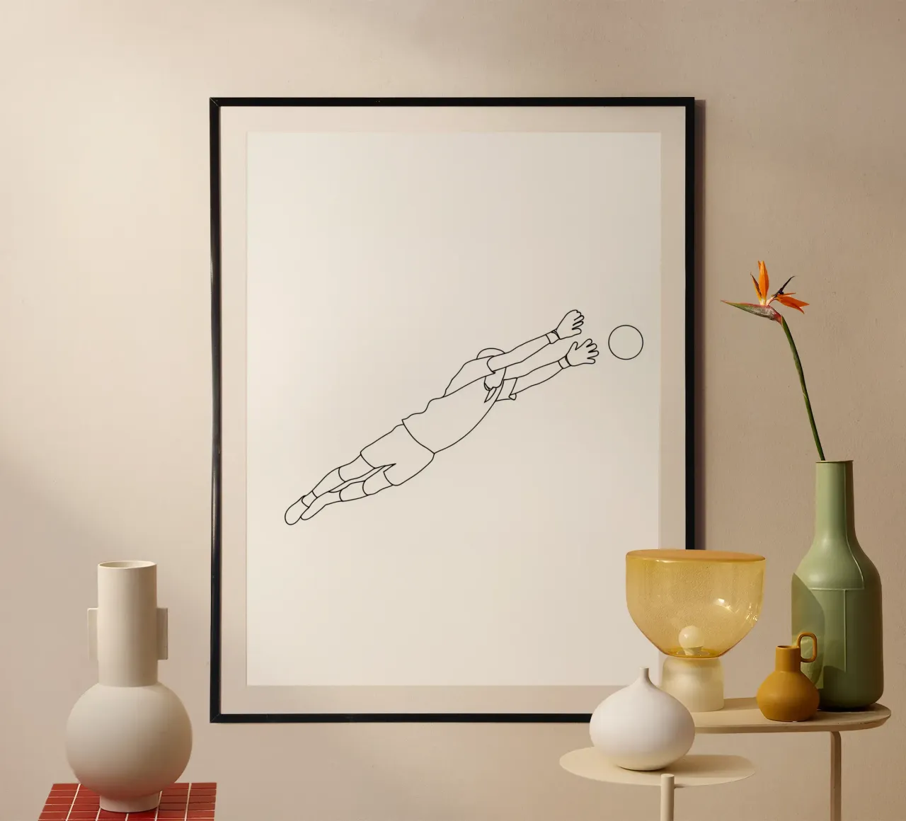 Portiere di calcio - Line Art minimalista poster con telaio in legno da Viv Line Art