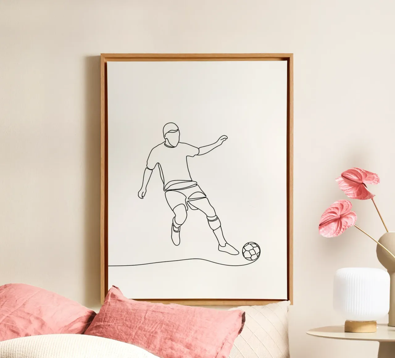 Voetballer - Minimalistische lijntekening canvas met Baklijst van Viv Line Art