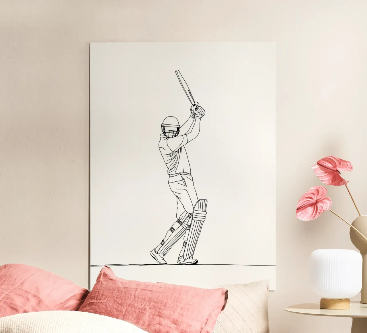 Battitore di cricket - Line Art minimalista poster con telaio in alluminio da Viv Line Art