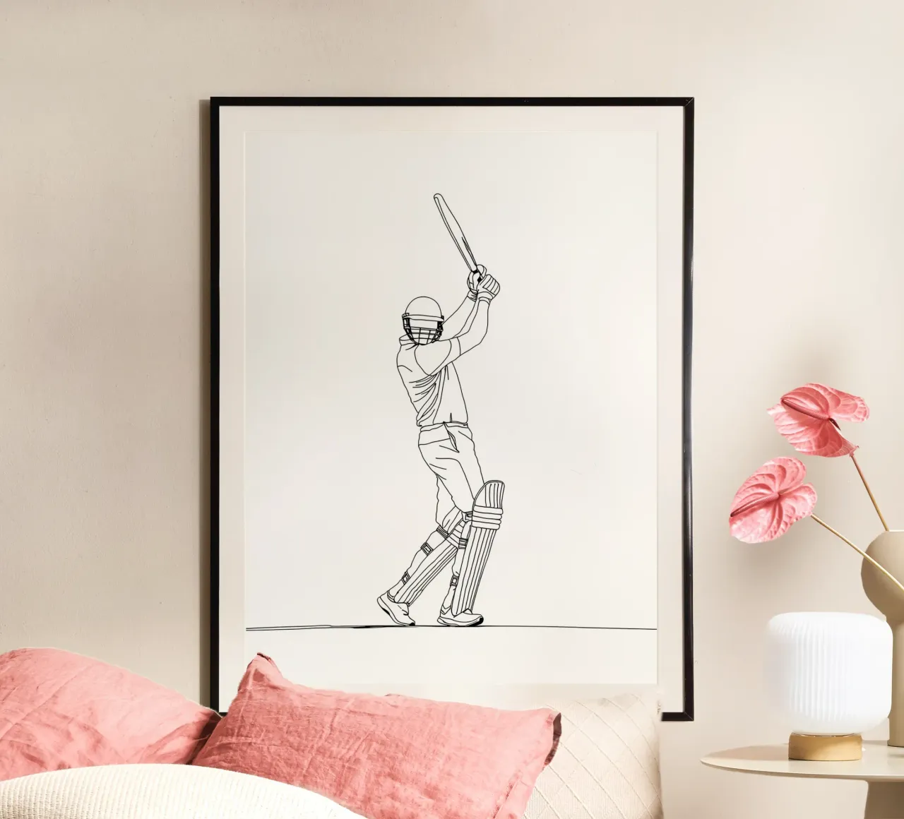 Battitore di cricket - Line Art minimalista poster con telaio in alluminio da Viv Line Art