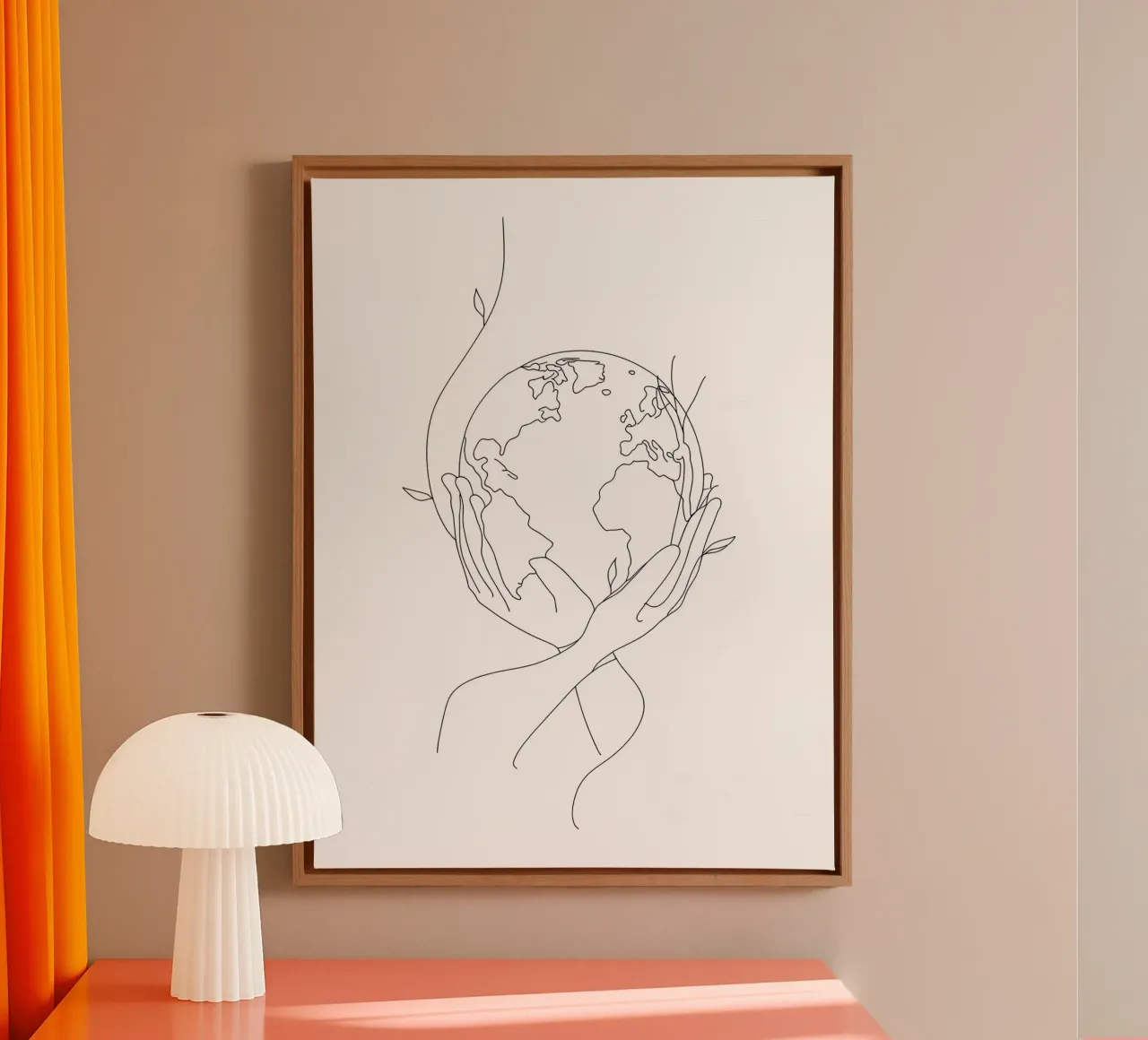 Red de aarde - Minimalistische lijntekening canvas met Baklijst van Viv Line Art