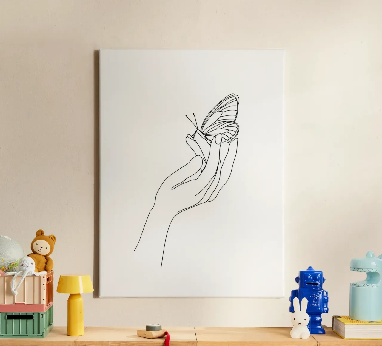 Farfalla sulle dita - Line art minimalista tela con Cornice a cassetta da Viv Line Art