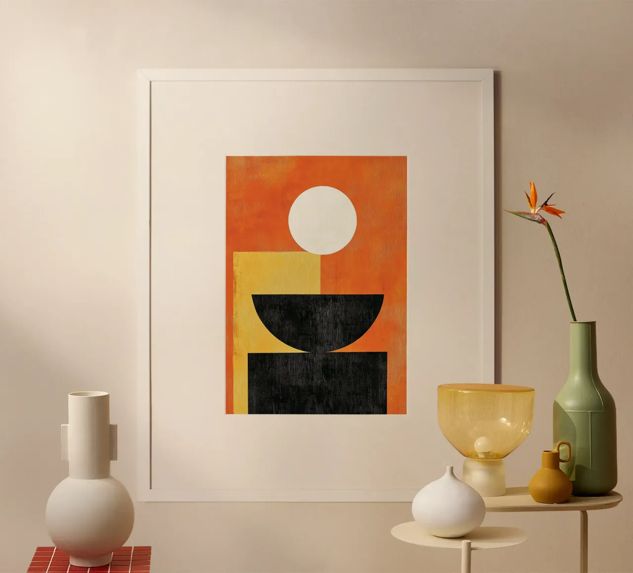 Mid-Century Astratto Geometrico Arancione Giappone poster con telaio in legno da Nikis Art Studio