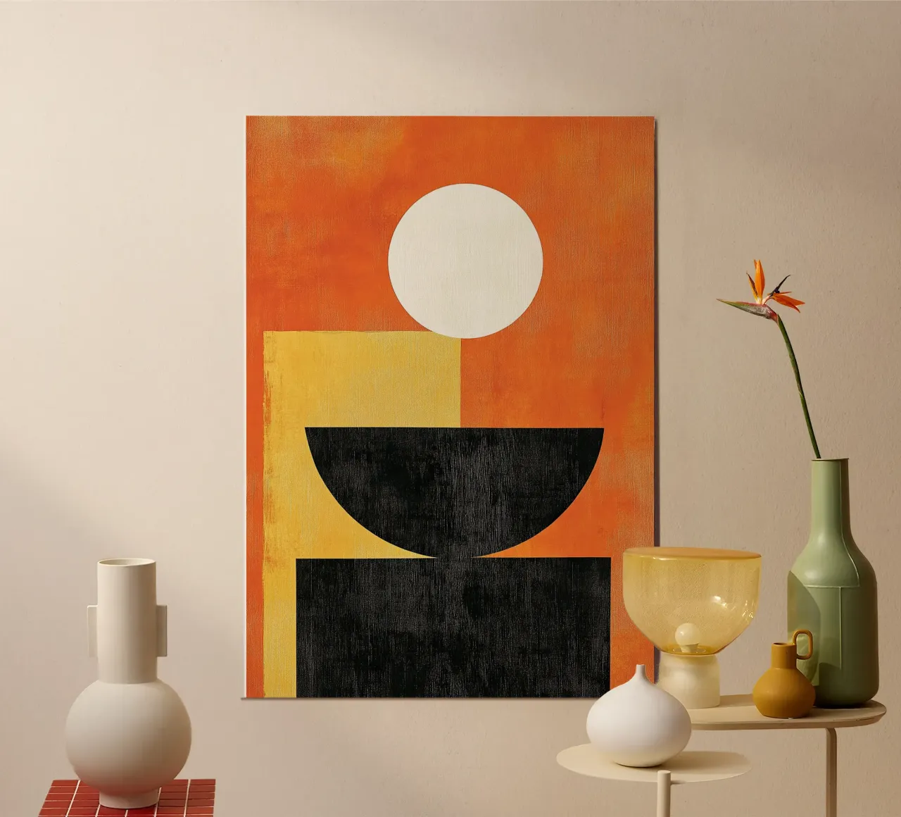 Mid-Century Astratto Geometrico Arancione Giappone poster con telaio in legno da Nikis Art Studio