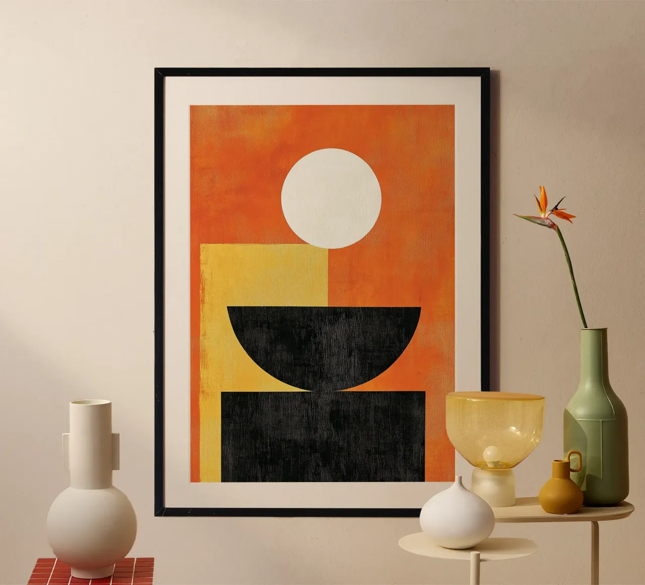 Mid-Century Astratto Geometrico Arancione Giappone poster con telaio in legno da Nikis Art Studio
