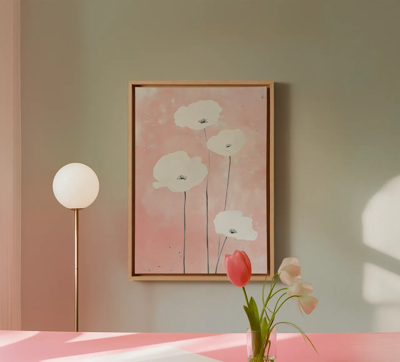 Papaveri Bianco Rosa Fiori Acquerello tela con Cornice a cassetta da Nikis Art Studio