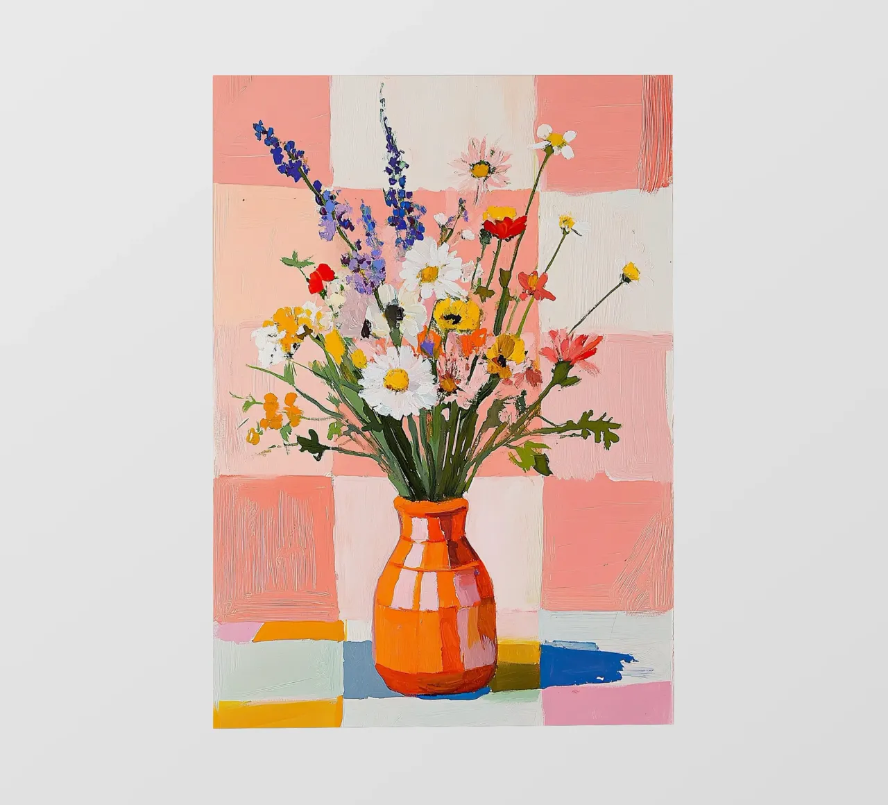 Natura morta Fiori selvatici Vaso a guazzo Arancione Rosa Check telo in pvc da Nikis Art Studio