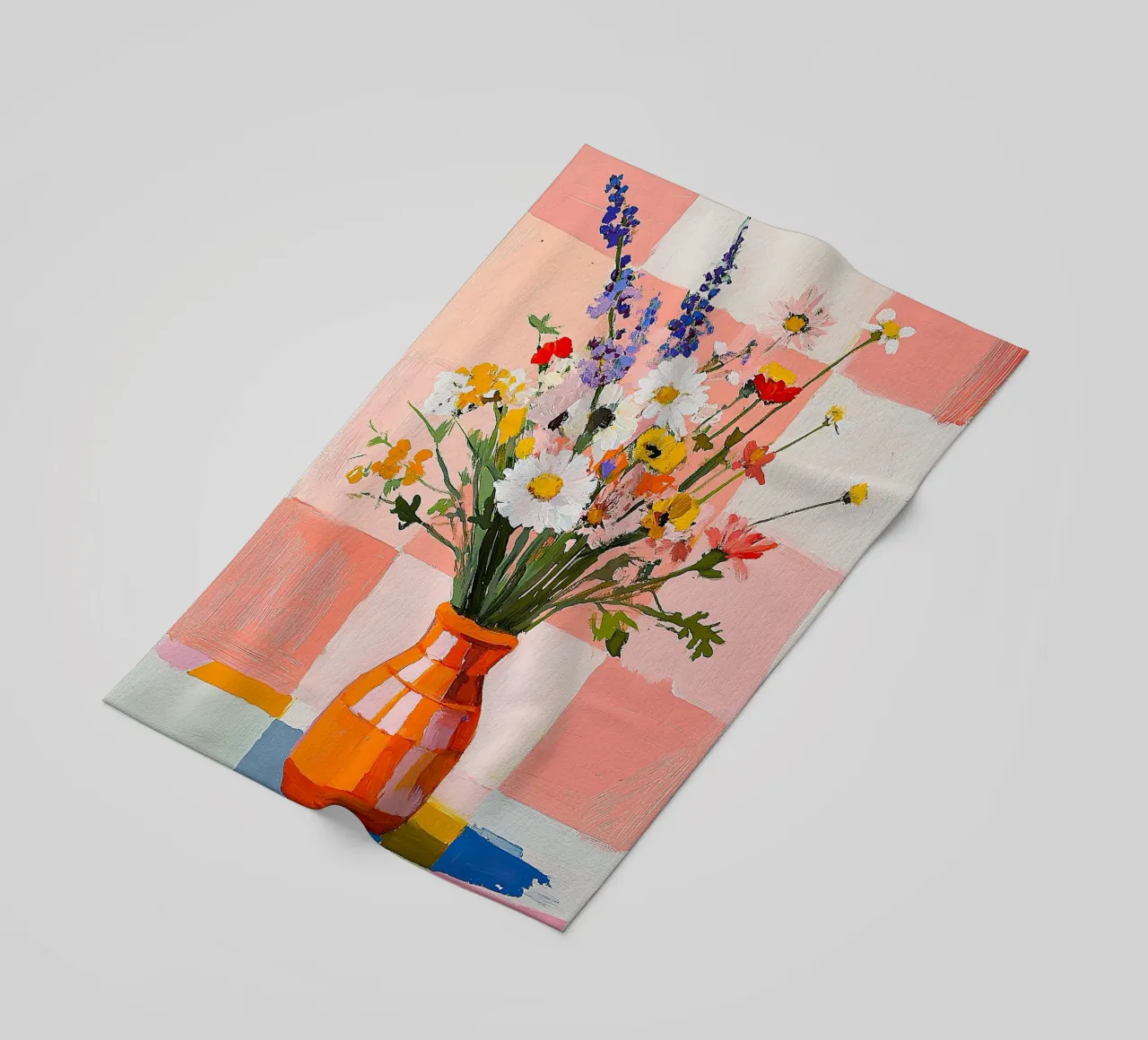 Natura morta Fiori selvatici Vaso a guazzo Arancione Rosa Check telo mare da Nikis Art Studio