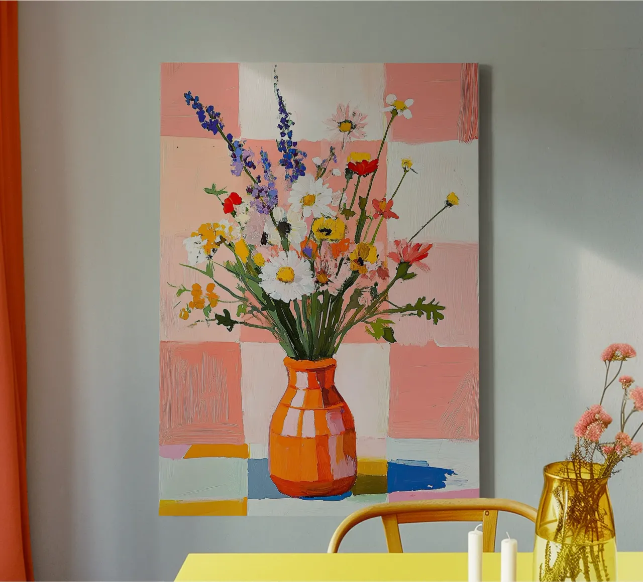 Natura morta Fiori selvatici Vaso a guazzo Arancione Rosa Check tela con Cornice a cassetta da Nikis Art Studio