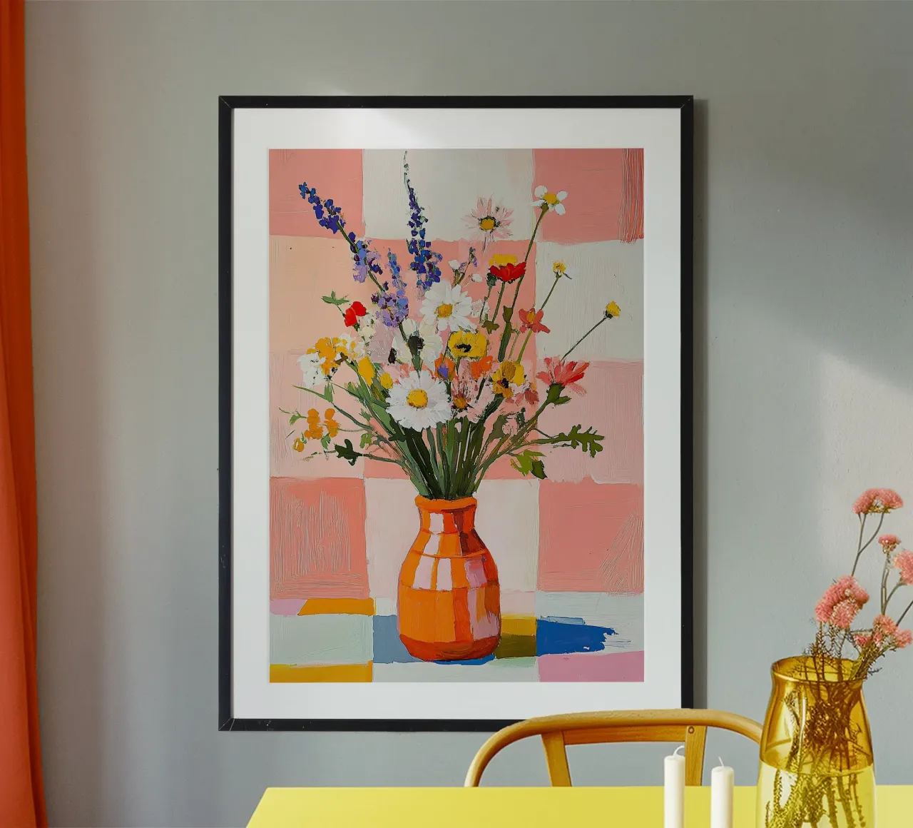 Natura morta Fiori selvatici Vaso a guazzo Arancione Rosa Check poster con telaio in alluminio da Nikis Art Studio
