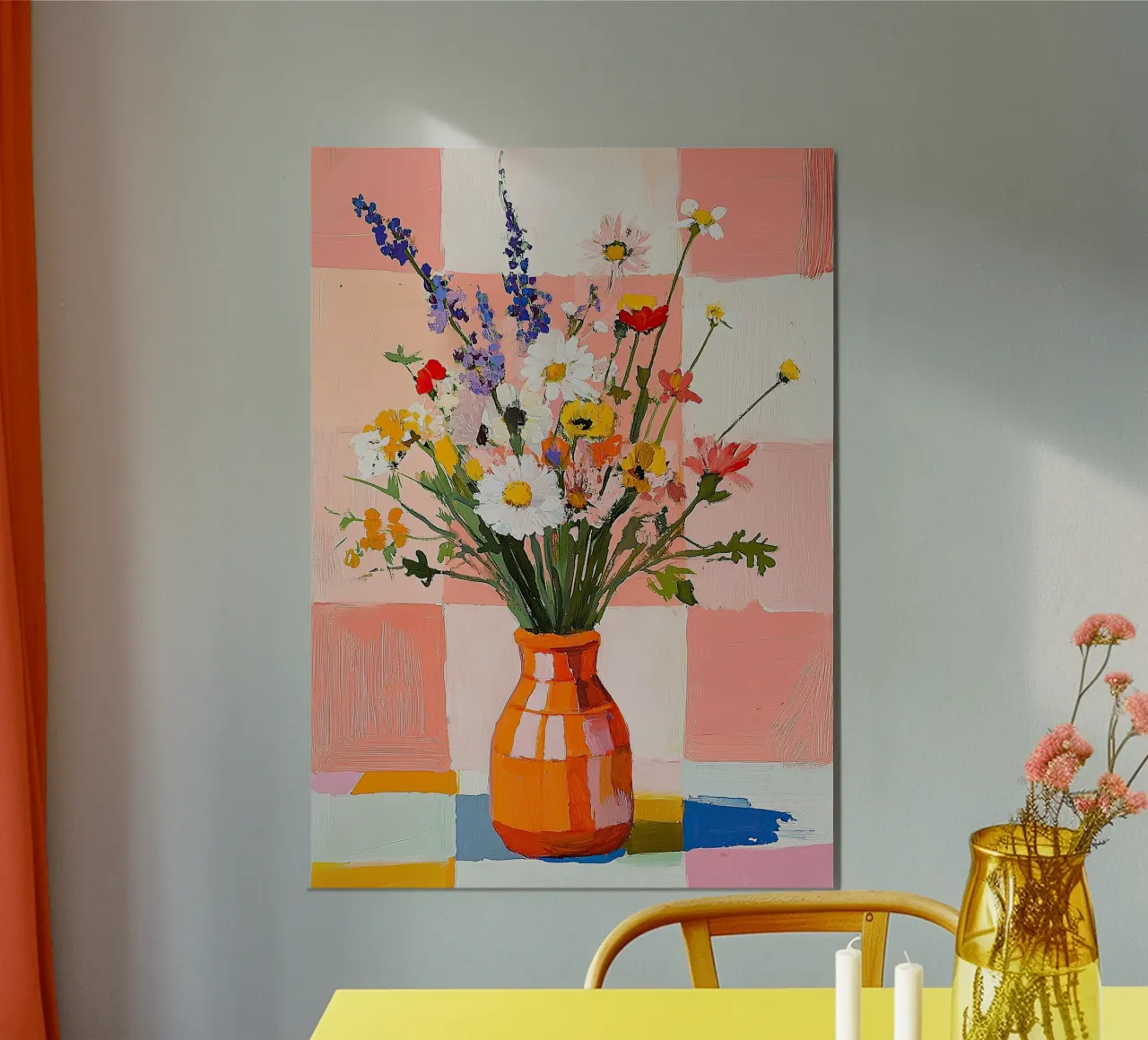 Natura morta Fiori selvatici Vaso a guazzo Arancione Rosa Check poster con telaio in alluminio da Nikis Art Studio