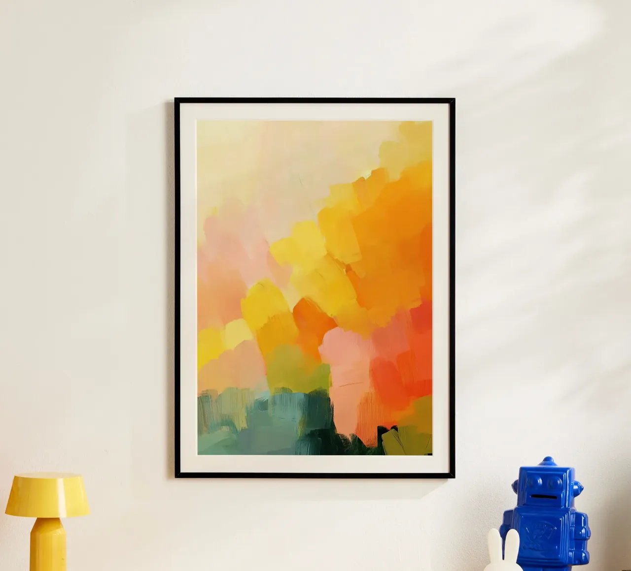 Abstrait Pastel Jaune Orange Rose Bleu Vert poster avec cadre en bois de Nikis Art Studio