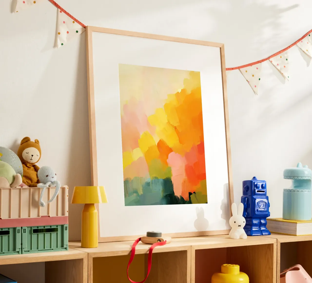 Abstrait Pastel Jaune Orange Rose Bleu Vert poster avec cadre en bois de Nikis Art Studio