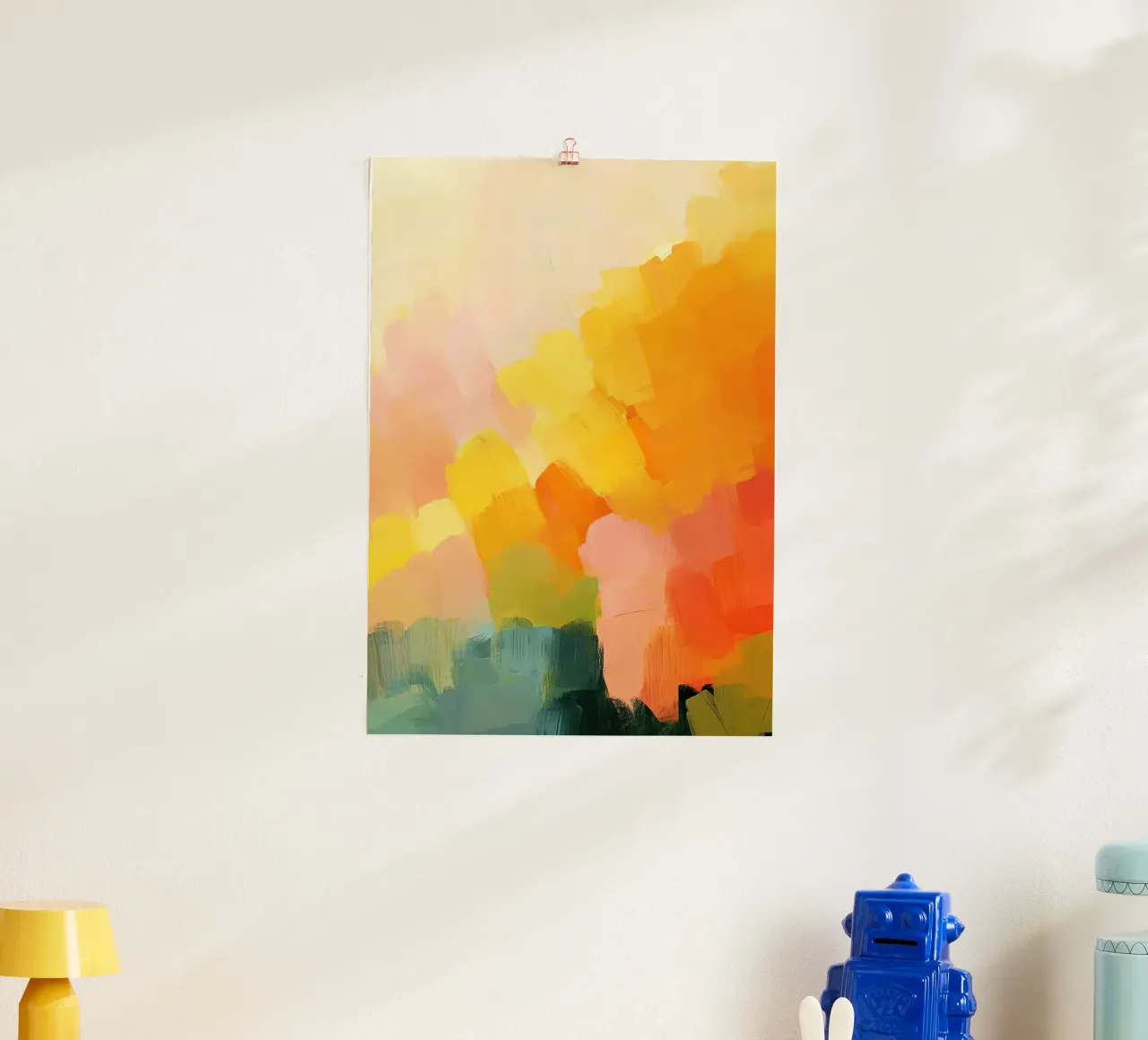 Abstrait Pastel Jaune Orange Rose Bleu Vert poster avec cadre en bois de Nikis Art Studio