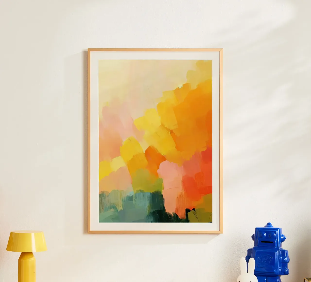 Abstrait Pastel Jaune Orange Rose Bleu Vert poster avec cadre en bois de Nikis Art Studio