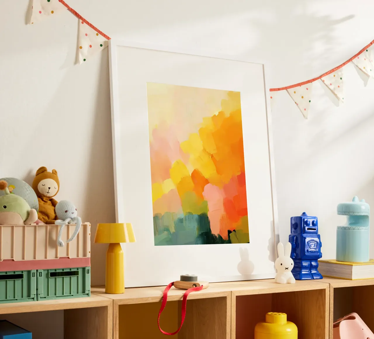 Abstrait Pastel Jaune Orange Rose Bleu Vert poster avec cadre en bois de Nikis Art Studio