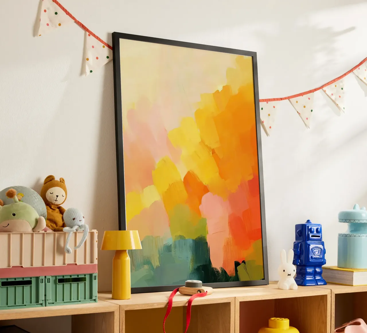 Abstrait Pastel Jaune Orange Rose Bleu Vert poster avec cadre en bois de Nikis Art Studio
