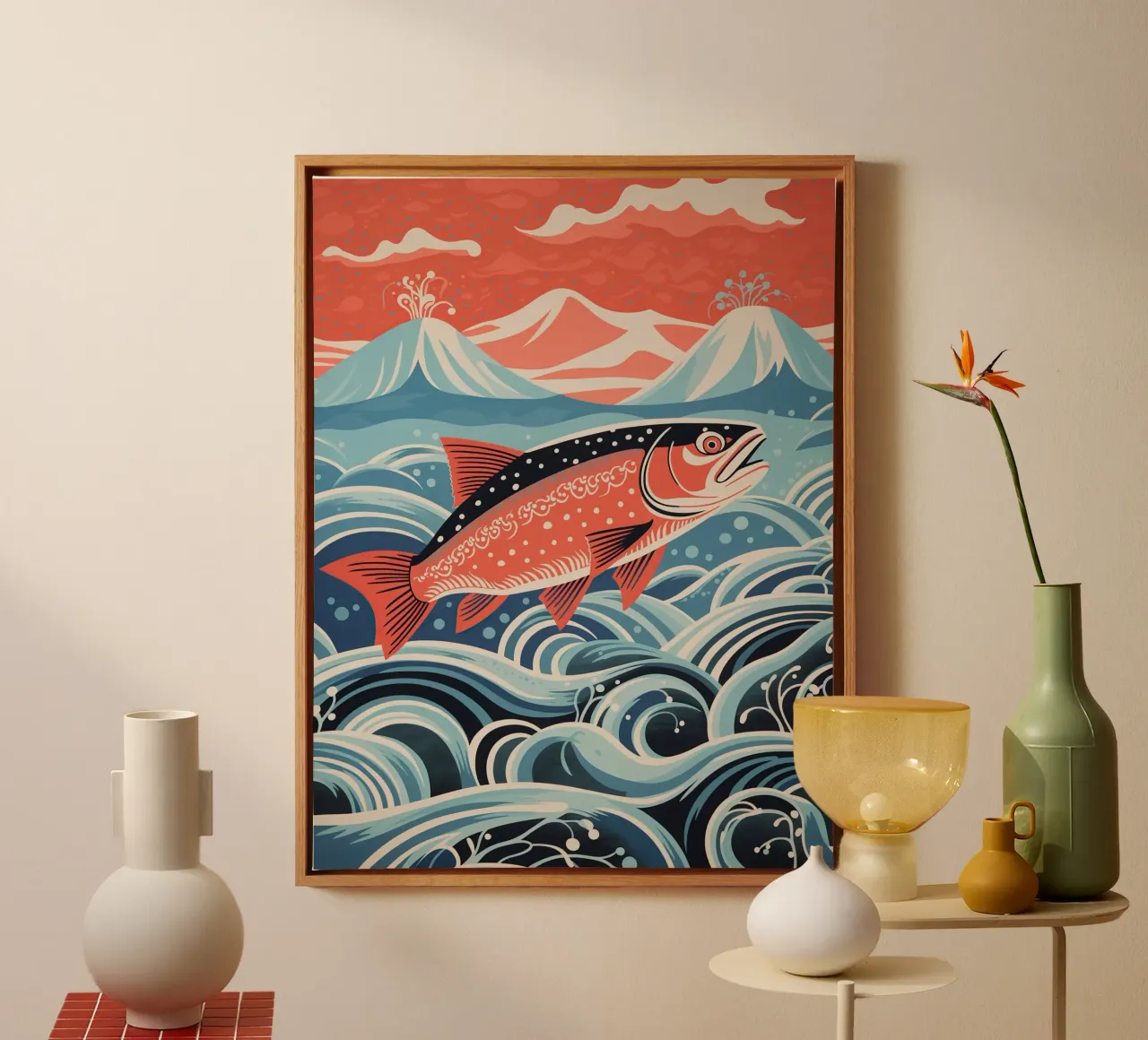 The migration of the salmon canvas with Floater frame by Autofocus
